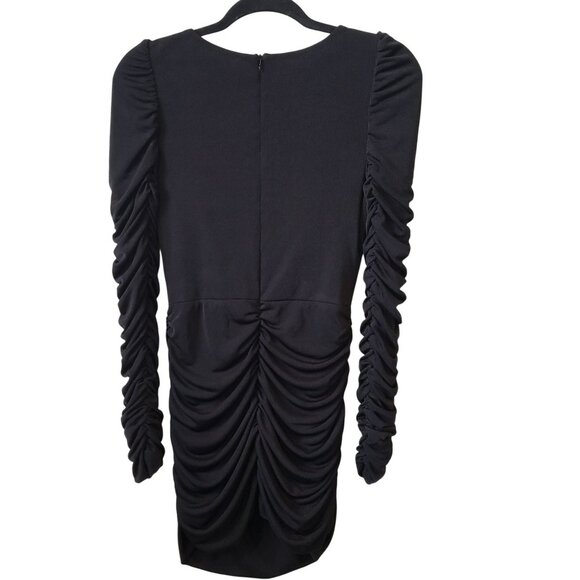 Aliette Black Ruched Bodycon Mini Dress Long Sleeve Stretchy Glam Chic Cocktail - Picture 4 of 13